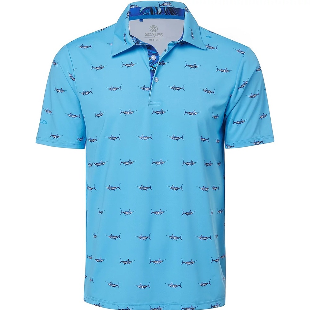 Scales Polo Shirt Men’s XL All Over Print Golf Logo Performance Marlin Fishing